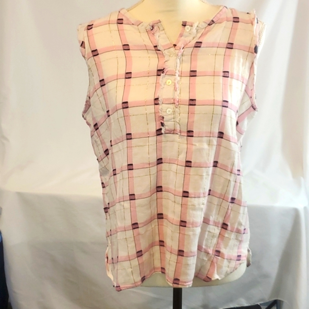 ANN TAYLOR Adorable White Pink Plaid Sleeveless Button Down Tank Top.